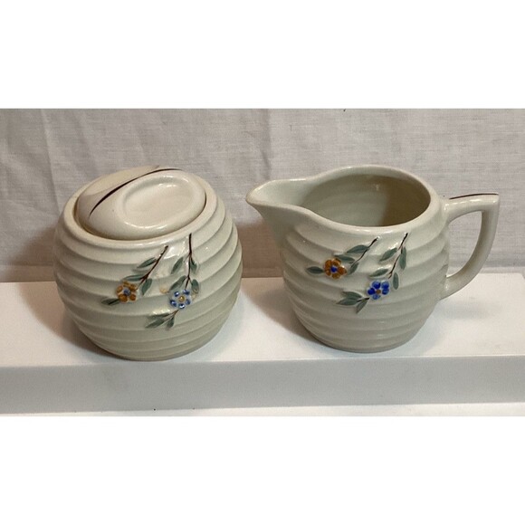 Vitreous Porcelain China Beehive Style Creamer & Sugar Bowl With Uranium Glaze - Picture 5 of 16